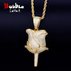 Bubble Letter Rose Flower Necklace & Pendant Color Iced Cubic Zircon Men's Hip Hop Jewelry