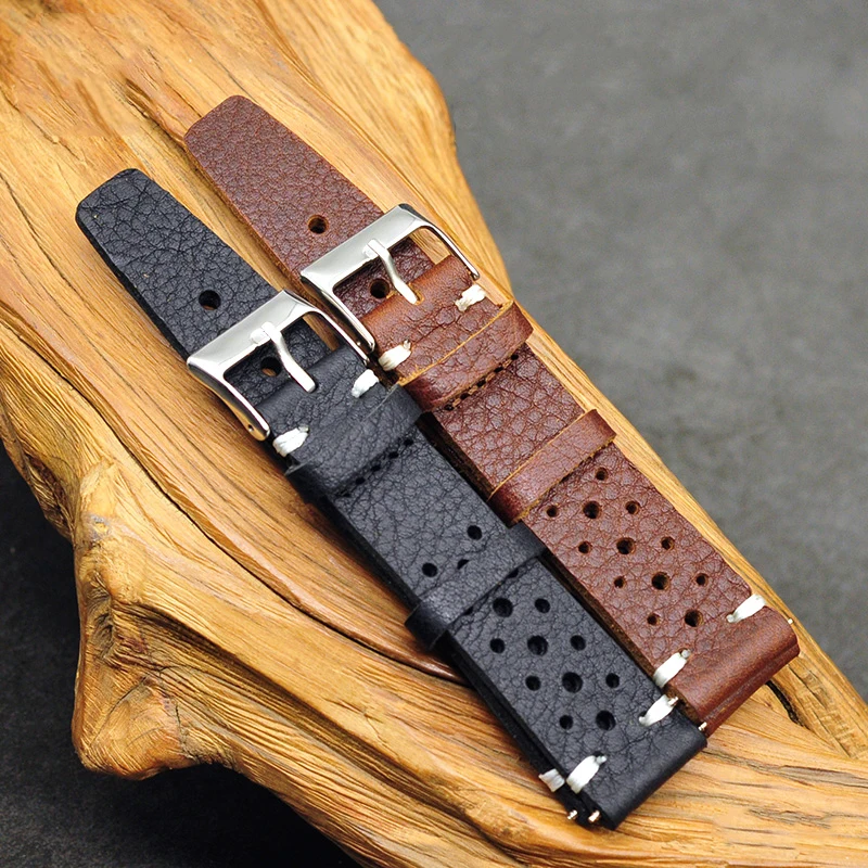 Onthelevel 18mm 20mm 22mm Waterproof Sweatproof Watch Strap Porous Breathable Leather Watch Band With Stainless Steel #D