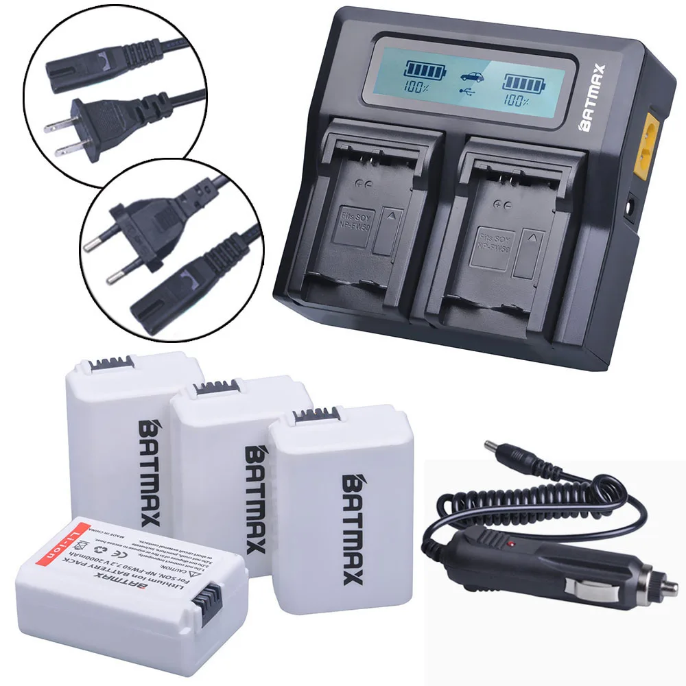 4Pcs 2000mAh NP-FW50 NP FW50 Battery Accu+ Fast LCD Dual Charger for Sony NEX-7 NEX-5N NEX-5R NEX-F3 NEX-3D Alpha a5000 a6000