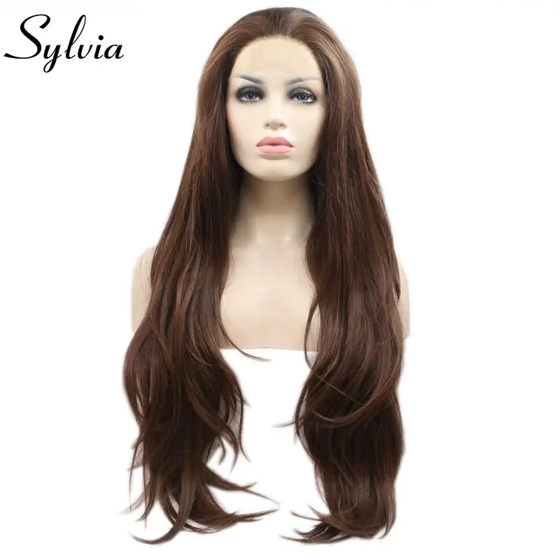 Peruca dianteira do laço sintético da cor marrom misturada natural da onda de sylvia para as mulheres parte livre peruca de cabelo resistente ao calor longo natural da linha fina