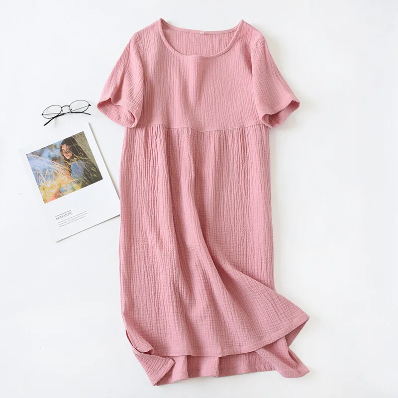 Summer New Women Nightdress Solid Color Comfort Gauze Cotton Long Dress Homewear Dress Round Collar Ladies Soft Thin Nightgown