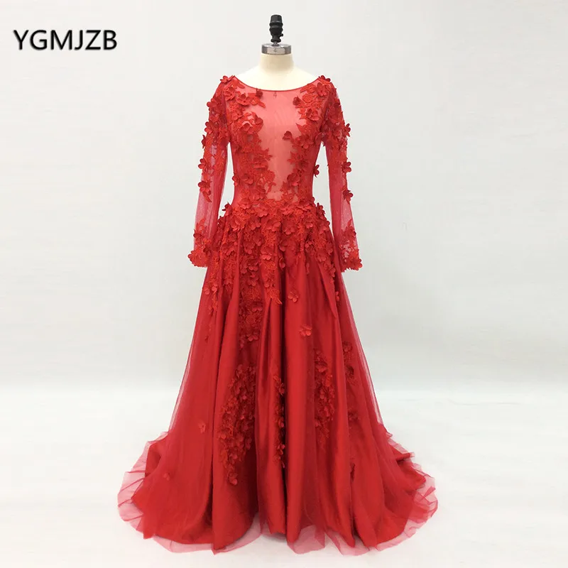 Real Photos 2018 Long Sleeves Evening Dress 3D Flower Lace Sheer Red Women Formal Evening Gowns Prom Dress Robe De Soiree