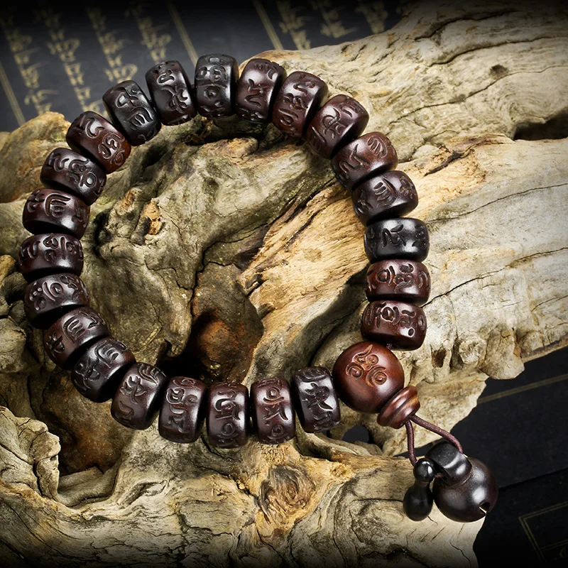 Imagem -04 - Relâmpago Madeira Oração Beads Pulseiras Mantra Peixe de Madeira Mala Tibetana Preto Encantos Vintage Homens Jóias 15x9 mm