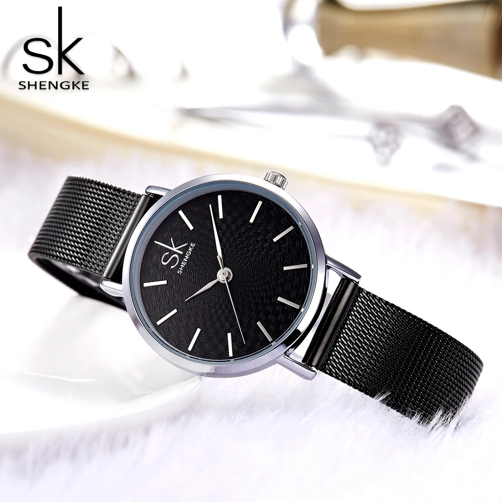 Shengke Fashion Watch Women Simple Black Mesh Band Bracelet Analog Wristwatch Relogio Feminino Montre Relogio Clock