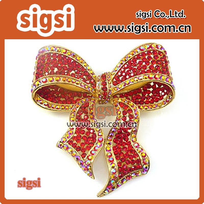 Wholesale red sparkly bowknot rhinestone brooch pin for wedding