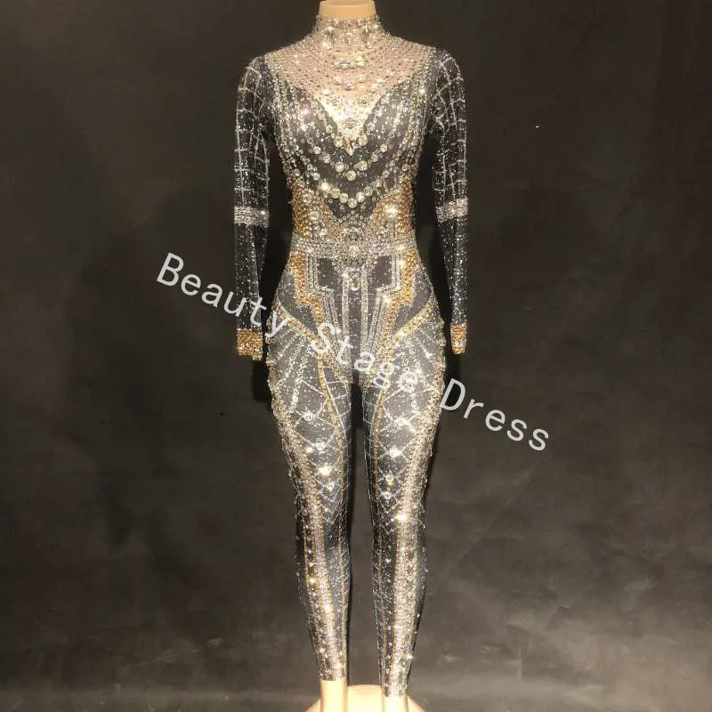 Big Crystals Jumpsuit One-piece Black Stretch Sexy Bodysuit Stage Performance Party Birthday Celebrate luxurious Leggings Outfit