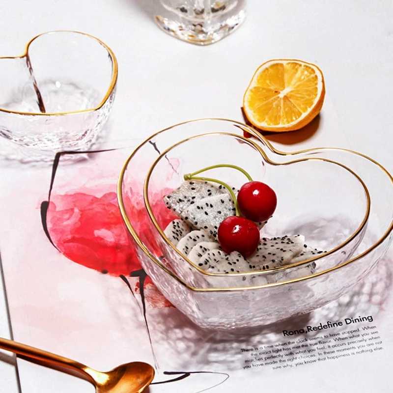 Heart Shape Bowls and Cup Set, Clear Glass, Food, Salad, Oats, Fruit, Dessert, Snack, Water, Milk, Tea Cup, Japanese Style