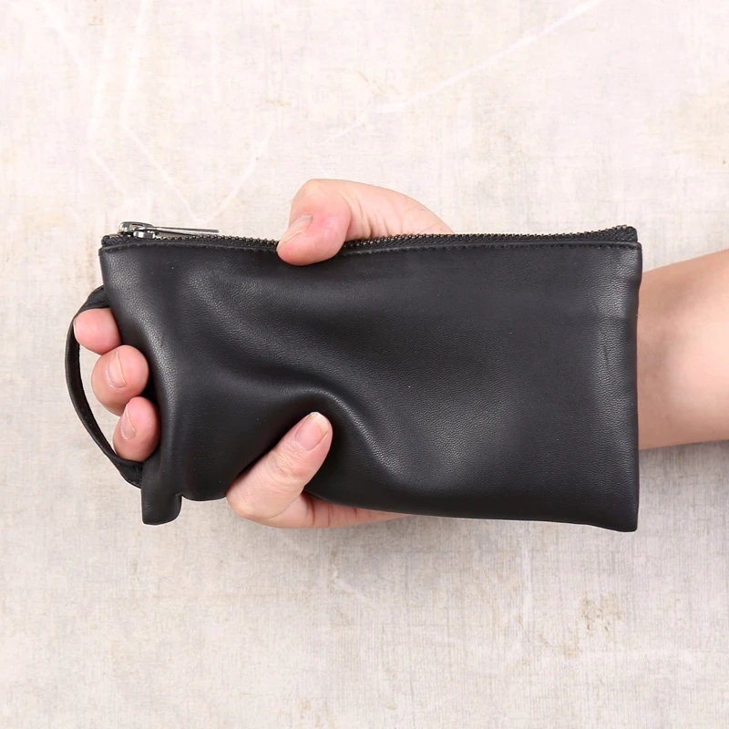 Men Clutch Bag Genuine Leather Top End Handmade Male Long  Zipper Phone Purses Sheepskin Simple Slim Business Wallets