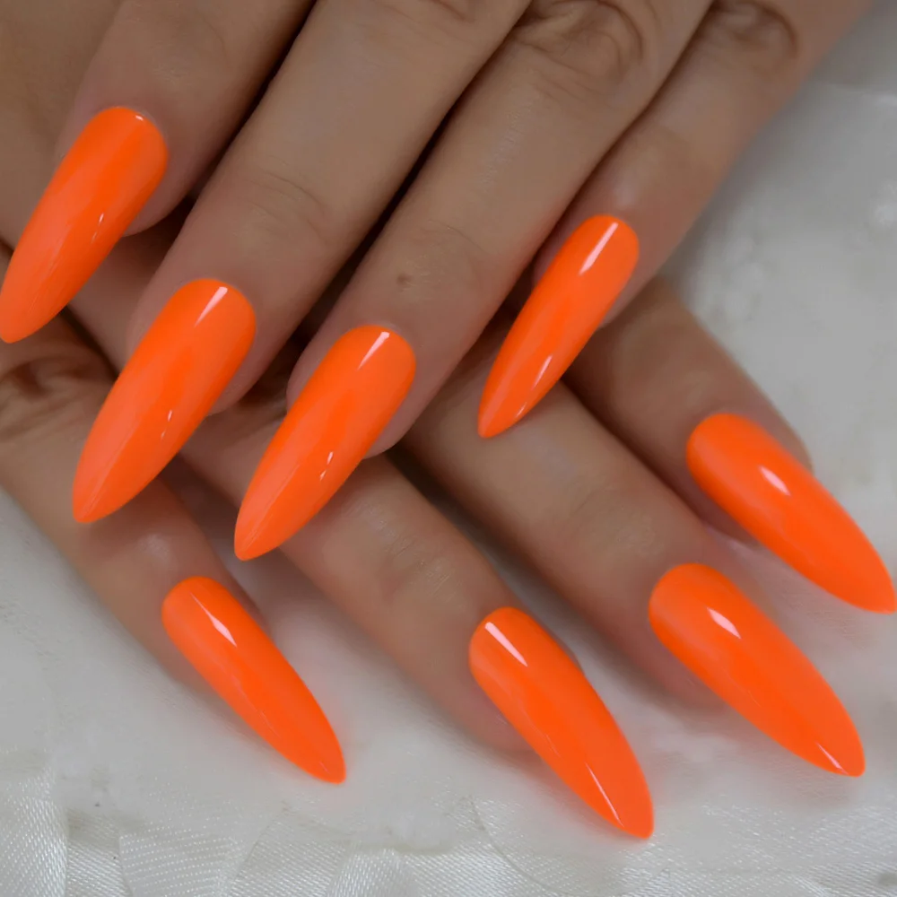 Neon Fake Nails Extremely Long Bright Orange Shiny Press On Nail Carnival Style Decoraion Manicure Tips Salon Nails 24