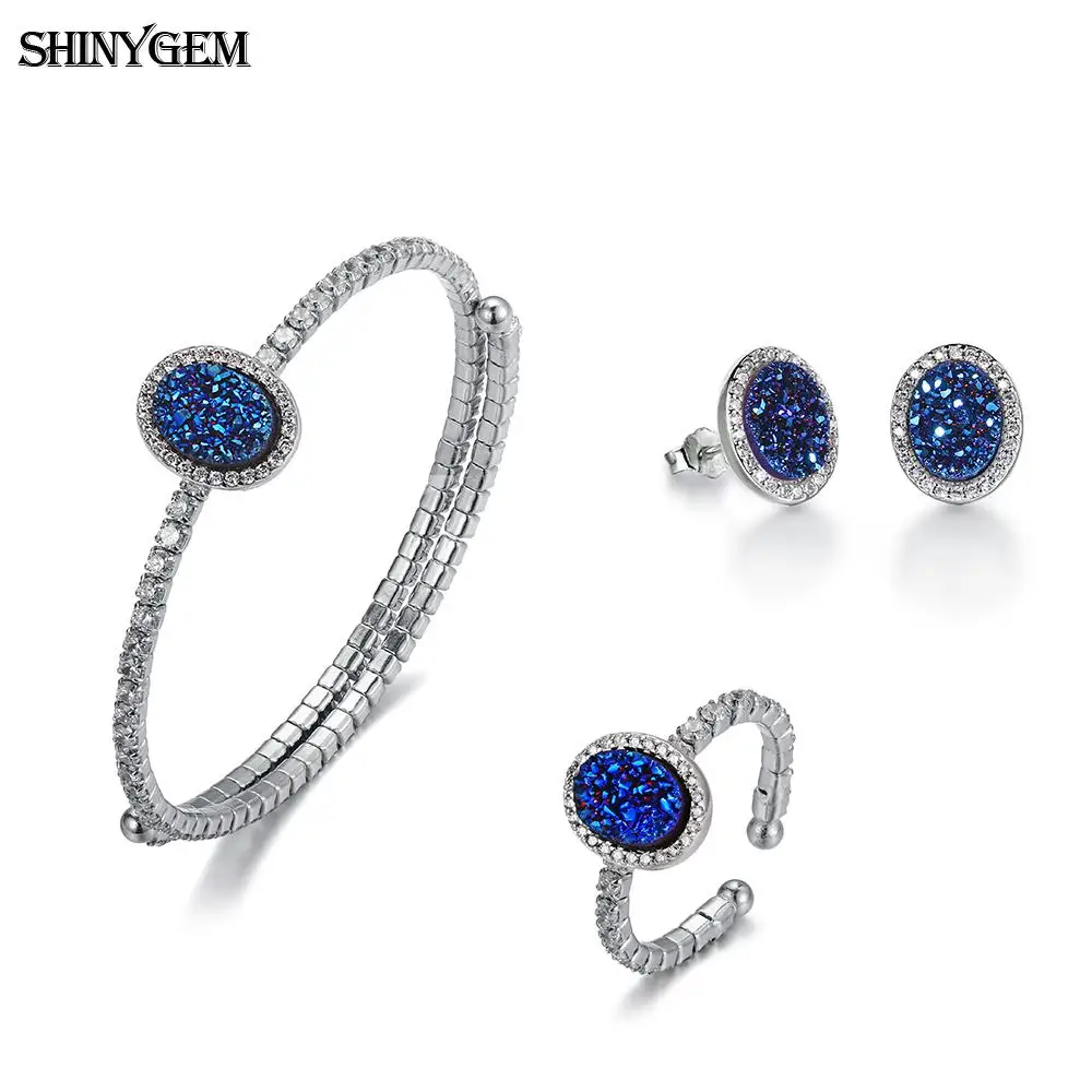 

ShinyGem Natural Oval Crystal Jewelry Set Inlaid Cubic Zircon Bangle Bracelet Ring Earrings Set For Women