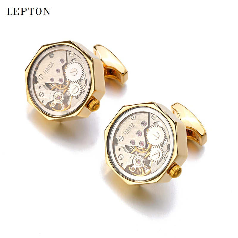 Hot Non-Functional Watch Movement Cufflinks Glass-Fronted Lepton Steampunk Gear Watch Mechanism Cufflink for Mens Drop Shipping