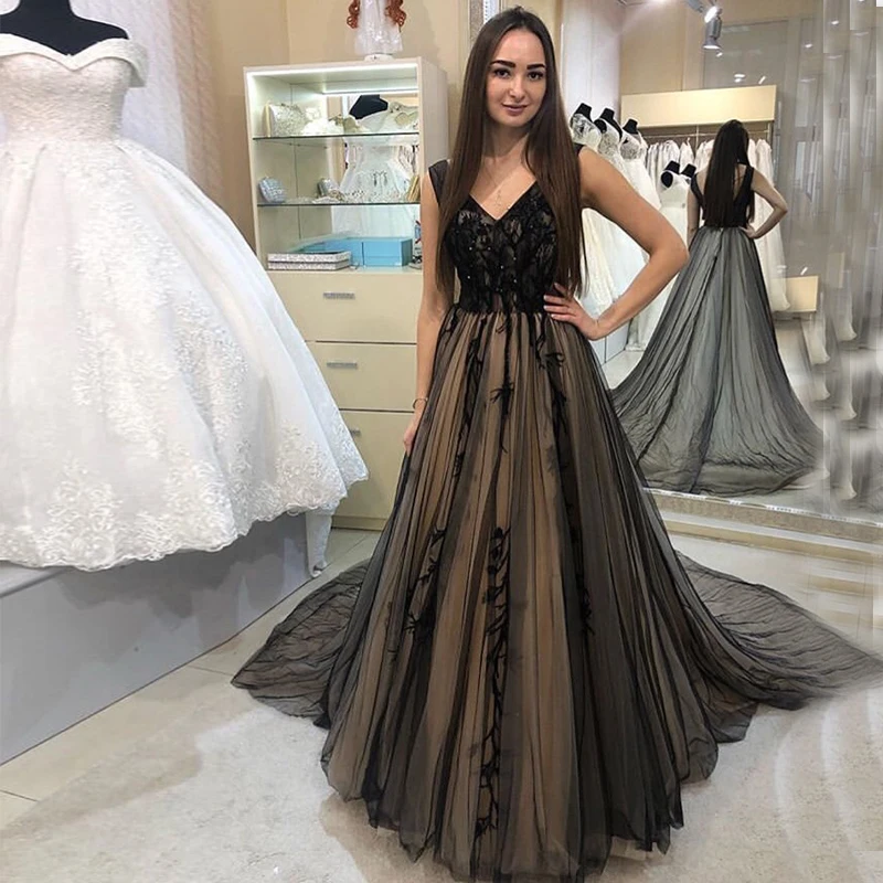 Aplikacje z koralików suknie balowe z dekoltem w szpic, bez rękawów, czarny tiul 2019 vestido de formatura sukienka na formalną imprezę kaplica pociąg suknia wieczorowa