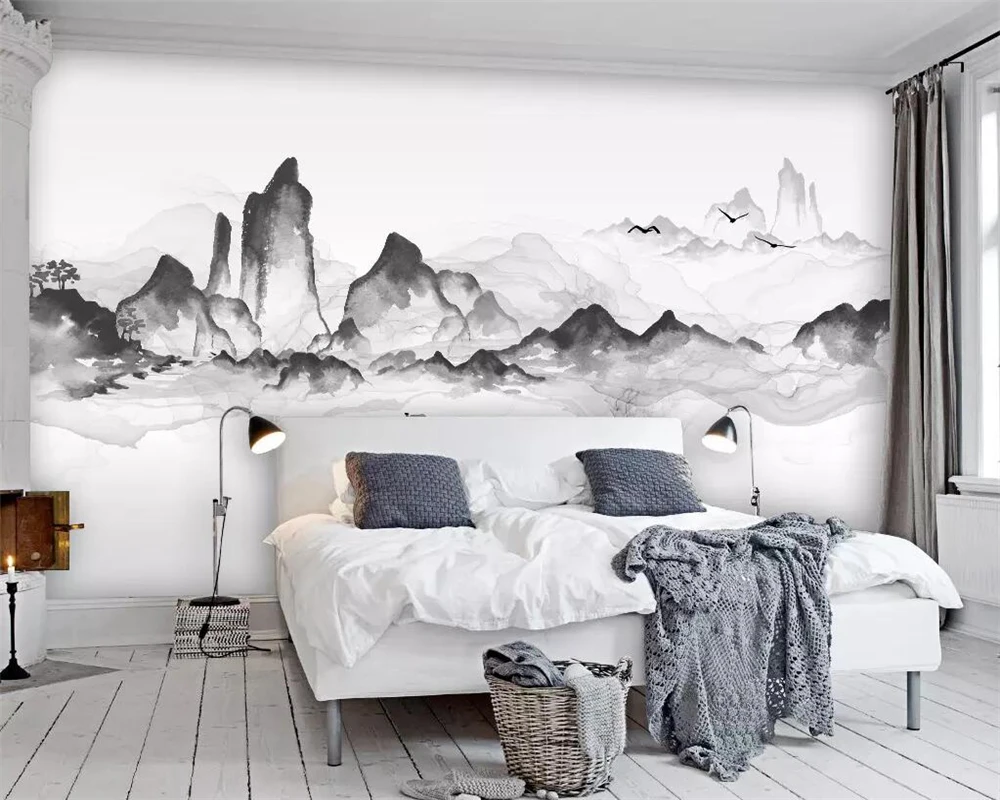 

Beibehang Wallpaper mural flying bird new Chinese abstract black and white artistic landscape TV background wall 3d wallpaper