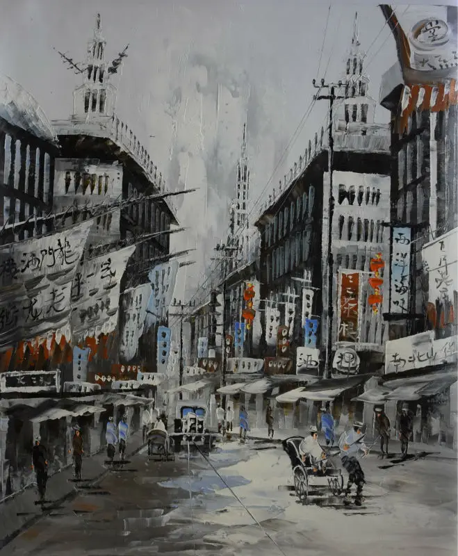 

Hand Painted Canvas Knife Abstract Oil Painting White and Black Shanghai Trams Street Painting Wall Picture for Living Room