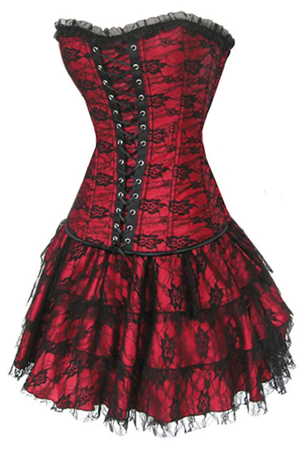 Vocole Women Sexy Green/Red/Purple/Black Gothic Lace Corset and Skirt Outfit Burlesque Corset Dress Night Clubwear Party Gown