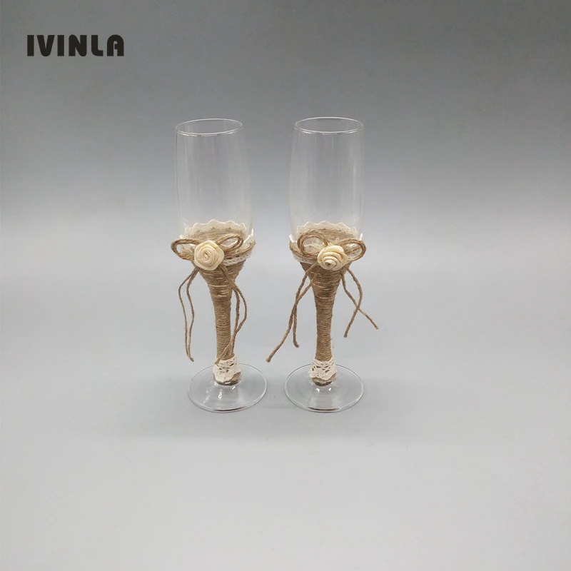 

2pcs/lot jute wedding toasting glasses wedding champagne glasses gift with flower for wedding party decoration