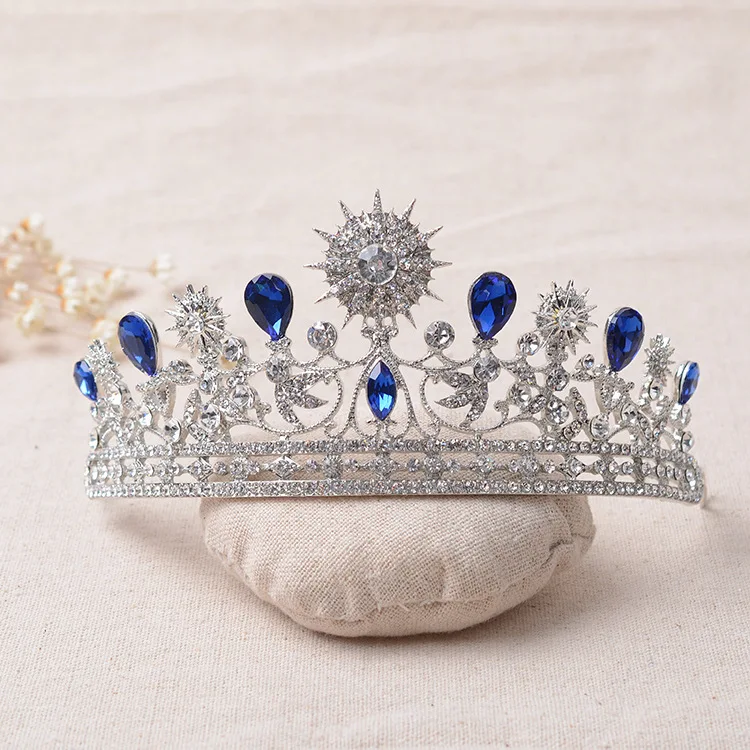 Luxury Elegant Blue Crystal Star Moon Bridal Crown Tiaras Rhinestone Pageant Diadem Veil Tiara Wedding Hair Jewelry Accessories