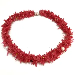 3 rows 18 inches 3-8mm White Pearls & Red Natural Branch Shaped Coral Necklace