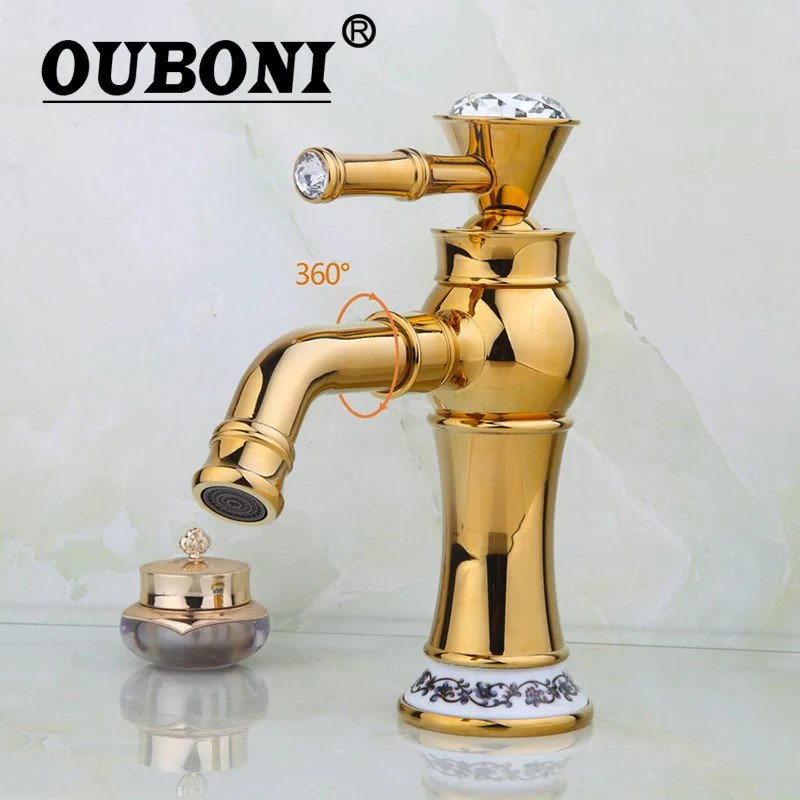 OUBONI Luxury Golden Rotated Bathroom Basin Sink Mixer Tap Faucet Diamond Handle Mixer Swivel Spout Faucet Water Mixer Tap