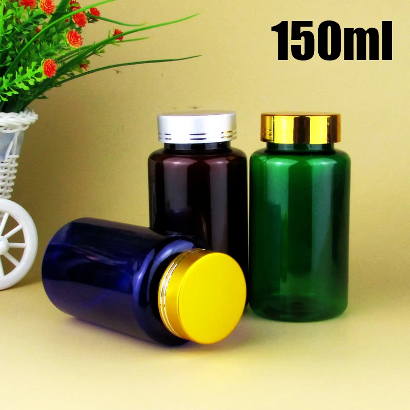 100pcs 150ml Translucent PET Medical Bottles, Medicine/Capsules/Pills/Powder/Vitamin Plastic Bottles--6 Colors Metal Caps