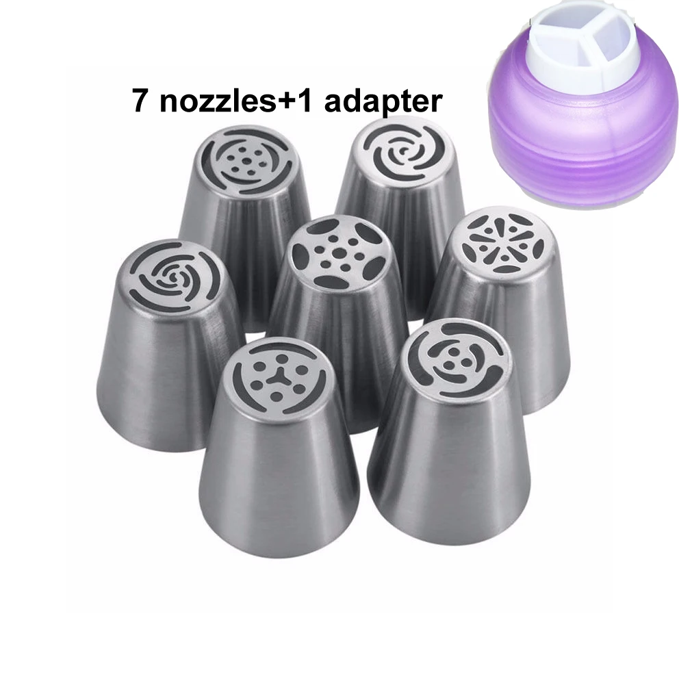 7PCS Stainless Steel Russian Tulip cake Icing Piping Nozzle + 1 Adaptor Converter Pastry Decorating Tips kitchen tool set