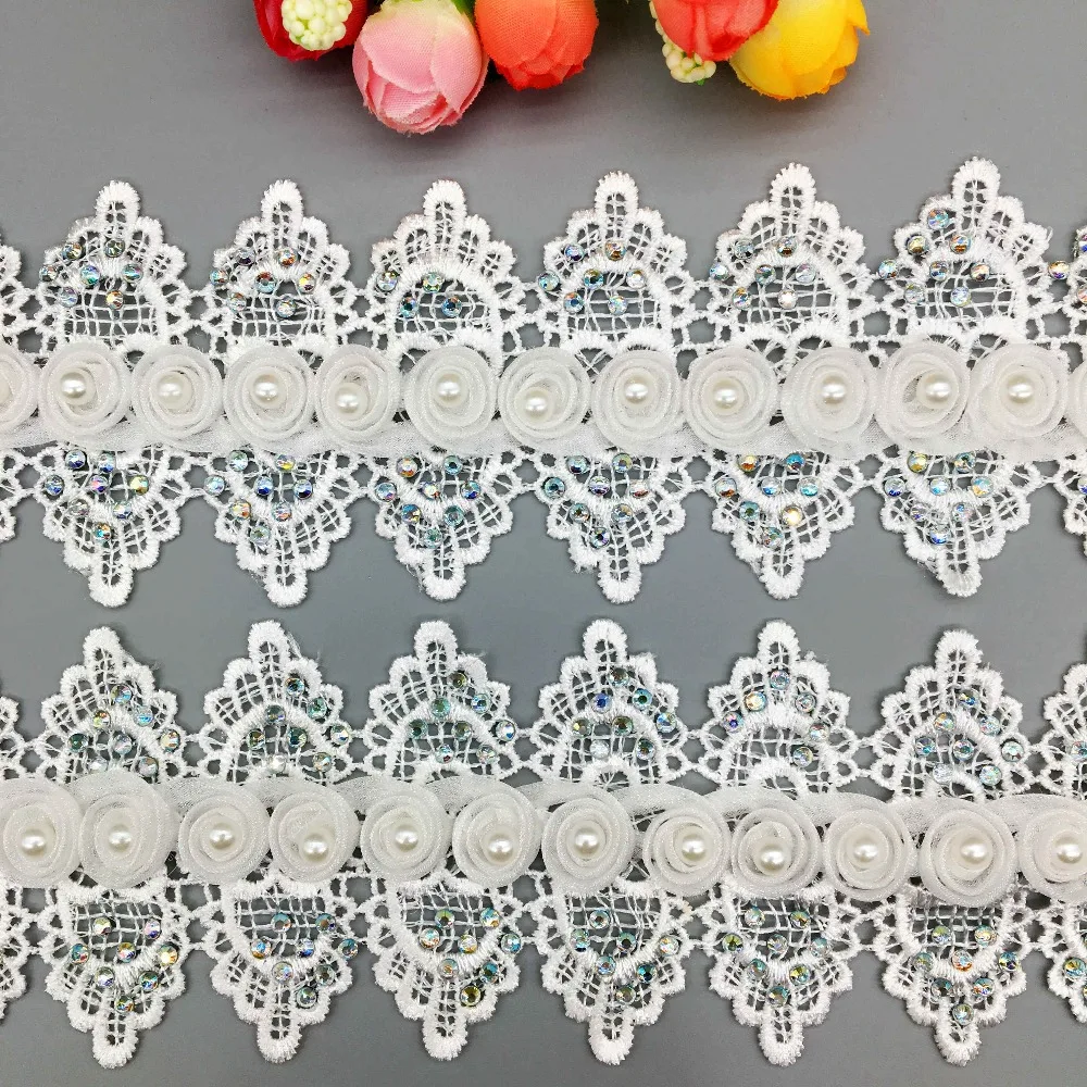 

50Pcs Cotton 3D Colorful Diamond Flower Pearl Beaded Lace Trim Embroidered Ribbon Fabric Dentelle DIY Sewing Craft Wedding Dress