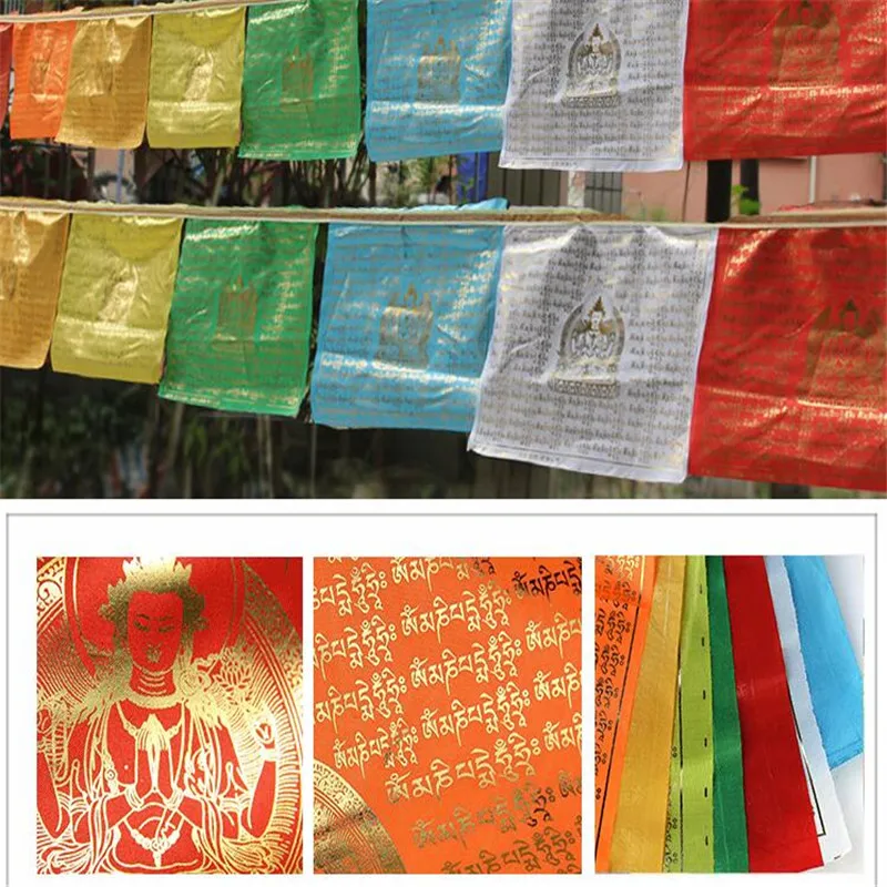 

Tibetan Buddhism Om Mani Pedme Hong prayer flag silk five colors Print 5 Meters 21 pcs/string Religious Luck Flags Scriptures