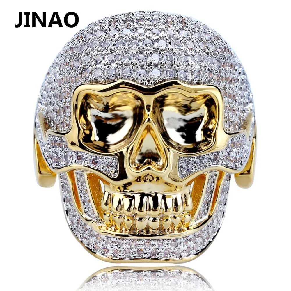 JINAO Hip Hop Copper Two Tone Skull Ring Iced Out Micro Paved Cubic Zircon Punk Fahion Ring for Men Women with 7,8,9,10,11 Size