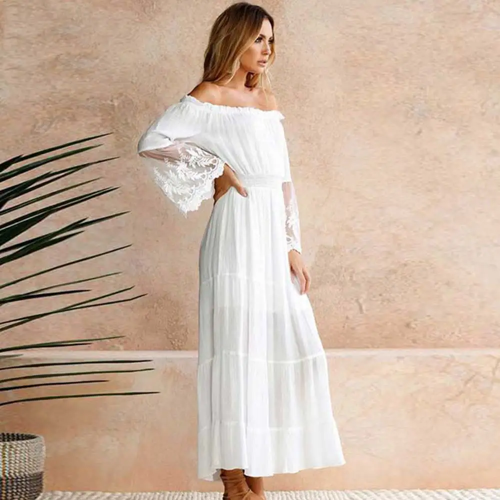 WildPinky Summer Sundress Women White Beach Dress Strapless Long Sleeve Loose Sexy Off Shoulder Lace Boho Chiffon Maxi Dress