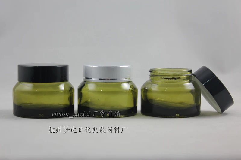 

50pcs 30g olive green glass cream jar with black or silver aluminum lid, 30g cosmetic packaging for eye cream,30g glass bottle