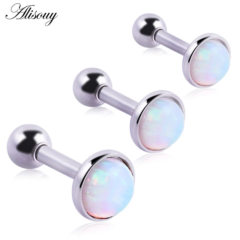 Alisouy wholesale 3pcs/lot 316L Stainless Steel 16g 3/4/5mm Opal Stone Fashion Ear Tragus Stud Men Earrings Piercing screw back