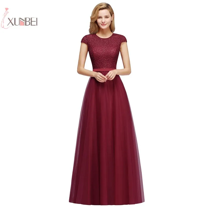 SALE Elegant Wine Red Lace Long Evening Dresses Crystal Diamond Sequins A line Cap Sleeve Evening Gown robe de soiree de mariage