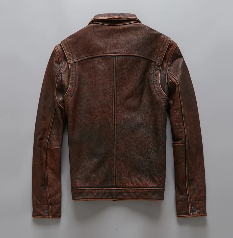 Men Vintage Brown Smart Casual Leather Jacket Single Breasted Plus Size 5XL Genuine Cowhide Russian Coats