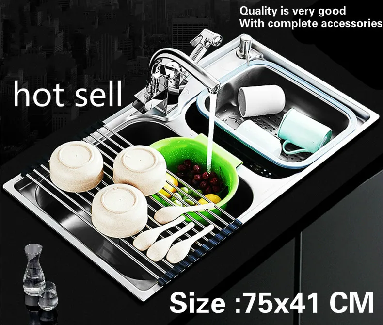 

Free shipping Hot sell household multifunction vogue kitchen double groove sink food-grade 304 stainless steel 75x41 CM