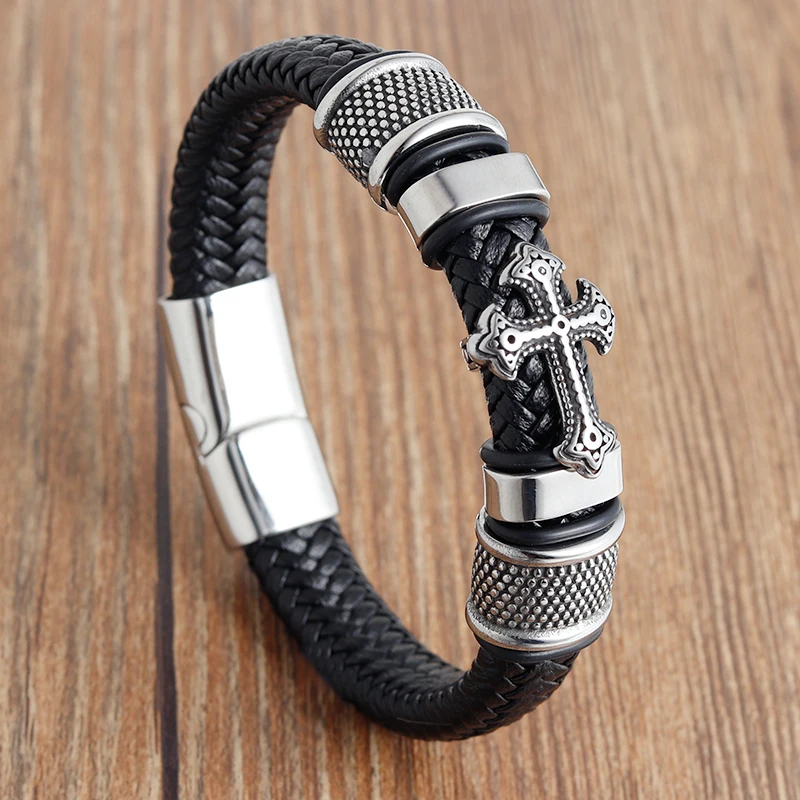 

Cross Bracelet High Quality Male Jewelry BraceletLeather Rope Chain Stainless Steel Magnetic Clasp WristBand Male Jewelry