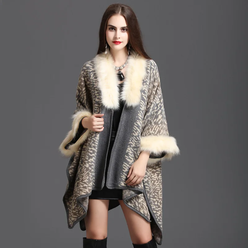 SWONCO Cape Coat Women Winter Luxury Faux Fur Coat Cloak Winter 2019 Long Capes Leopard Poncho Feminino Inverno Capa Con Capucha