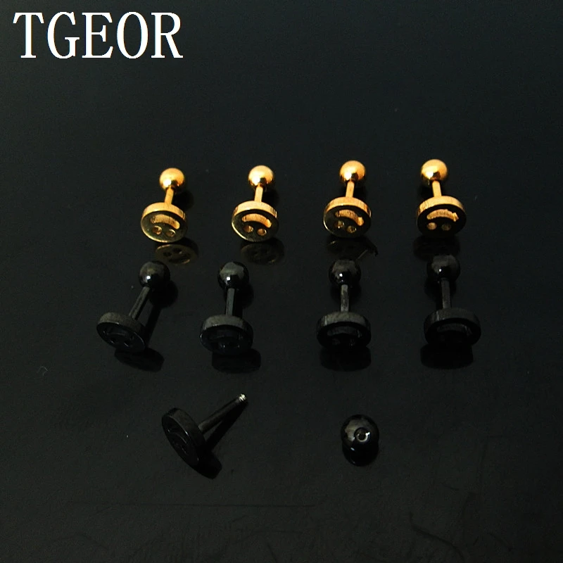 Free shipping 1 Pair 1.2*6*4/6mm smile face laser cut surgical Steel TITANIUM PLATED COLORS tragus piercing earring