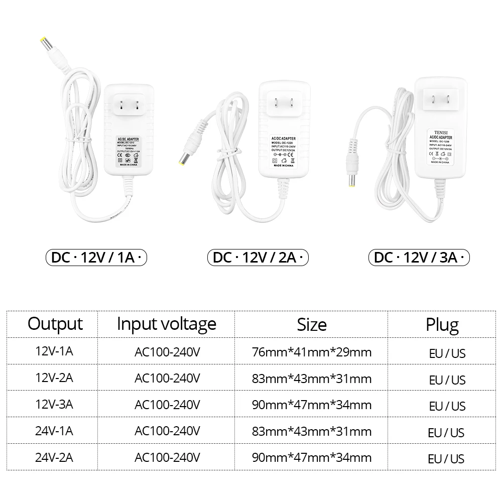 DC12V 1A 2A 3A Adapter power supply white cover 12V Transformer for LED string LED strip Light Bar Light LED Driver US / EU Plug