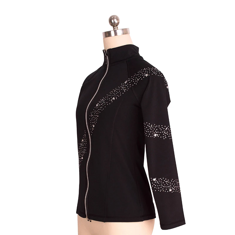 Women\'s Figure Skating Competition Training Suit Jacket Zipper Top Artistic Gymnastics Warm Black and White Shining Rhinestone