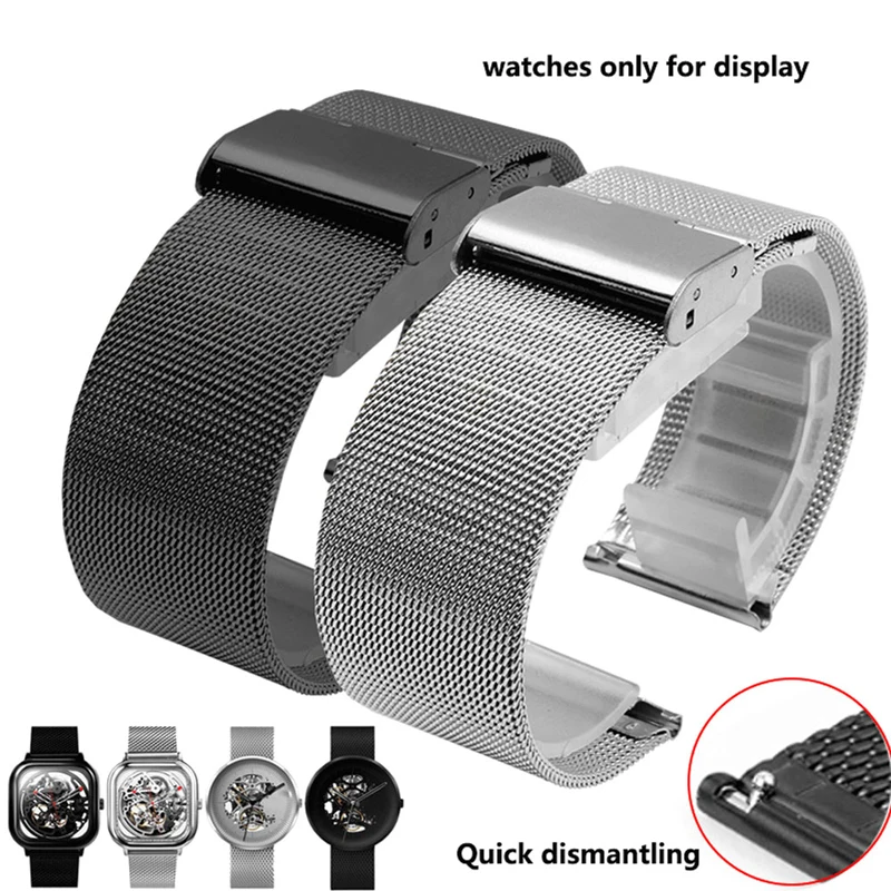 PEIYI watchband 18mm 20mm Stainless Steel Wristband Milanese Mesh Belt Waterproof Stra deployment buckle replace steel bracelet