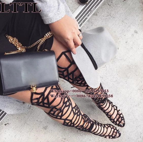 Black Leather Gladiator Sandal Boots Women High Heel knee High Booties Cut Out Buckle Strap Sandals Summer thigh high Boots