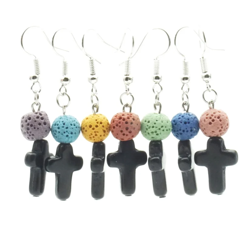 Black Cross Charms 8mm Colourful Volcano Lava Stone Aroma Essential Oil Diffuser Earrings DIY Aromatherapy Jewelry