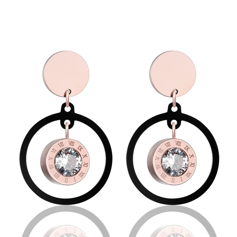 Rose Gold Color Hanging Black Circle Middle Roman Numeral Crystal Drop Earring Stainless Steel Jewelry Woman Beautiful Earring