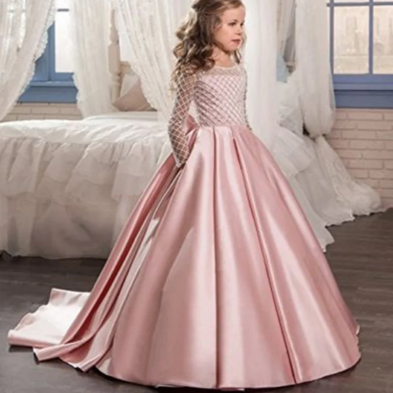 Long Sleeves Floor Length Satin Tulle Wedding Party Dresses Flower Girls For Wedding First Communion Dress