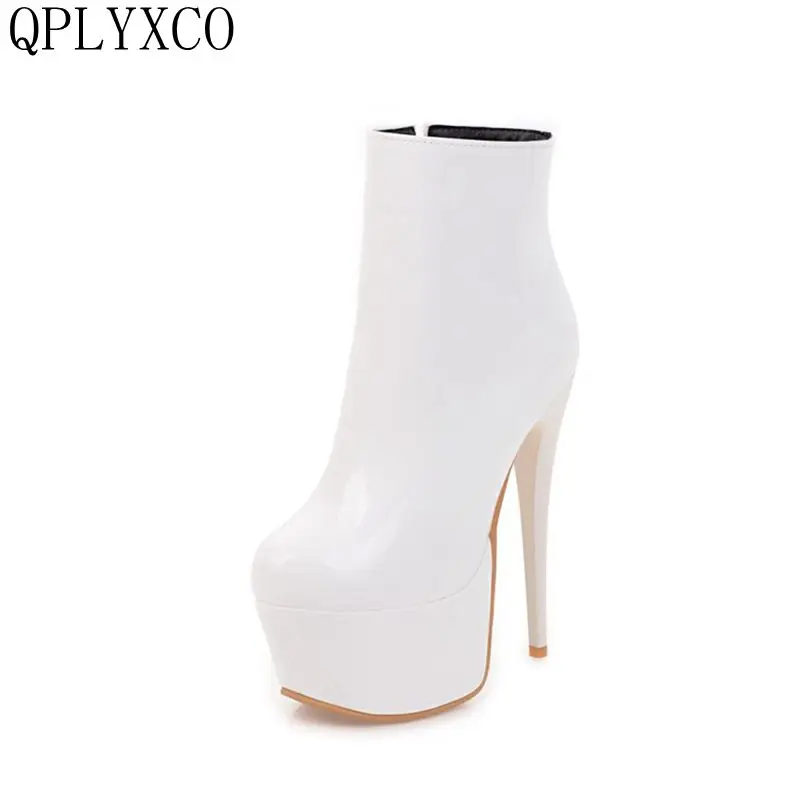 QPLYXCO 2017 New sexy Big size 33-48 patent leather ankle short boot winter warm Women super high heels(15cm) Party shoes s-19