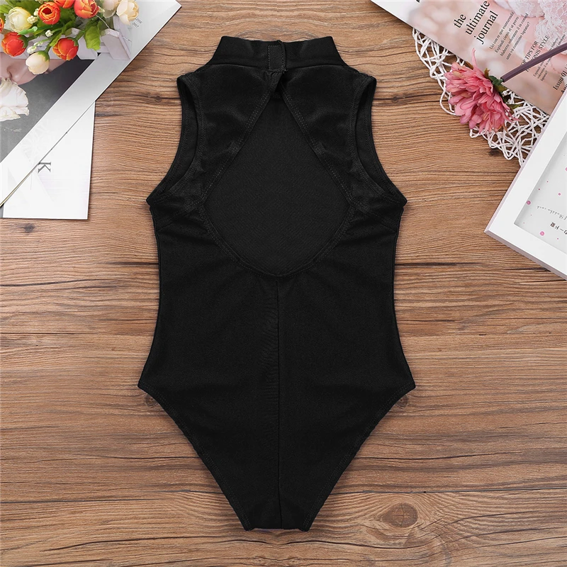 Kids Teens Sleeveless Mock Neck Professional Ballet Dancewear Girls Gymnastics Leotard Gym Workout Bodysuit Performance Costume