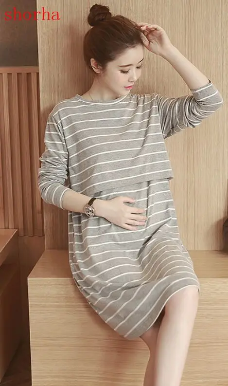 

Pregnant women pajamas new cotton knit striped pregnant women feeding clothes long breastfeeding home service dress