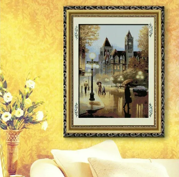 

Scenery in the rain Needlework,Bricolage 14CT fashion Cross stitch kits Art Embroidery Canvas Patterns,DIY Handmade Decor