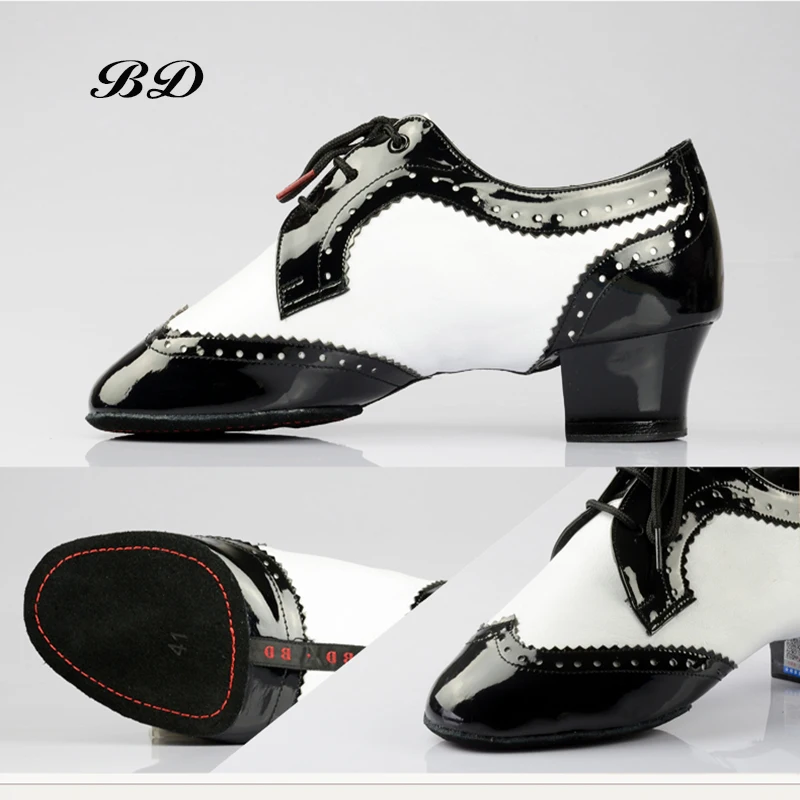 BD DANCE SHOES Latin Shoes Ballroom MEN Shoe Modern Cowhide Sole Non-slip BDDANCE441 Authent Black White Imported Patent Leather