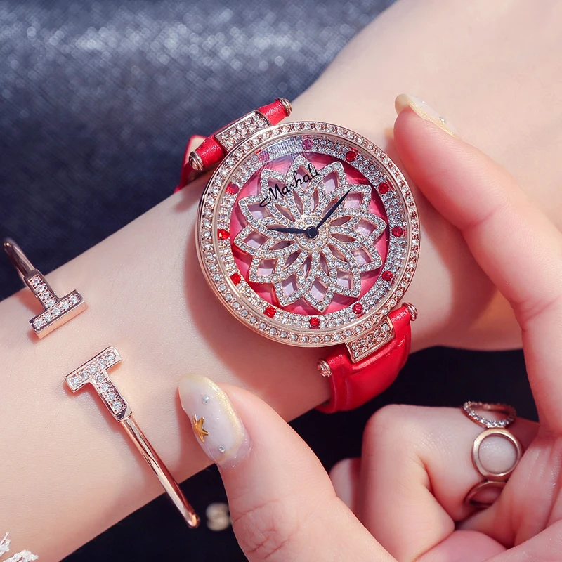 

Decorative ladies Watches with diamond stone Red Large dial case Fashion New style dress female watch with leather watchband